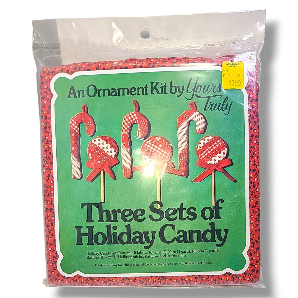 Candy Cane Ornaments Christmas Kit‎ Fabric Yarn Ribbon Craft Sewing NOS